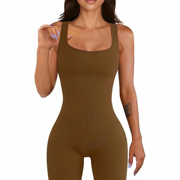 Brown Ribbed Jumpsuit - Picture 1 of 3
